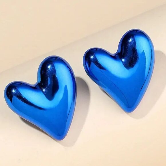 Earrings Heart Blue Puffy Love Fun Metallic Stud Retro Stylish Fashion Y2K Retro - Picture 1 of 2